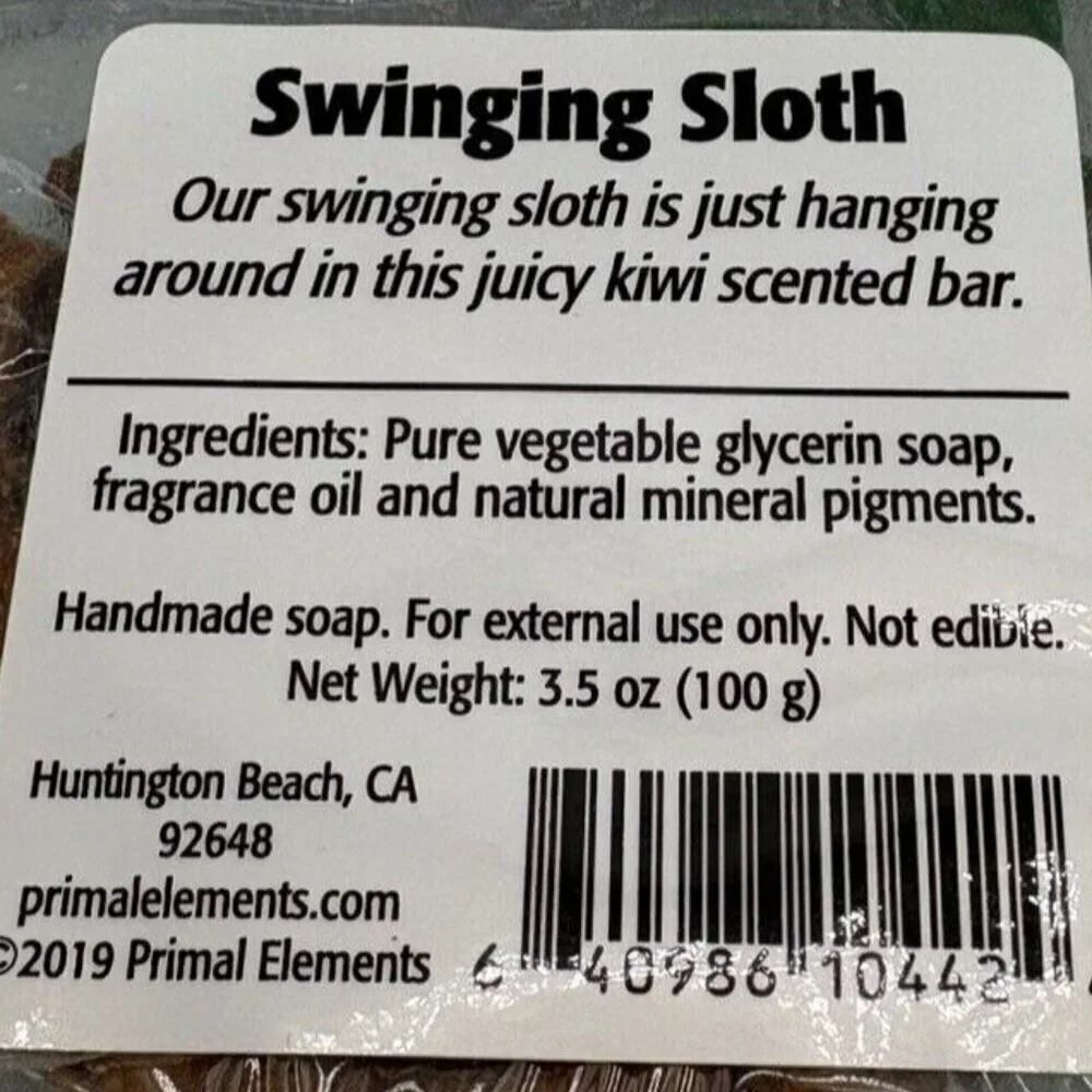 Primal Elements, SWING SLOTH Full Size Handmade Glycerin Soap